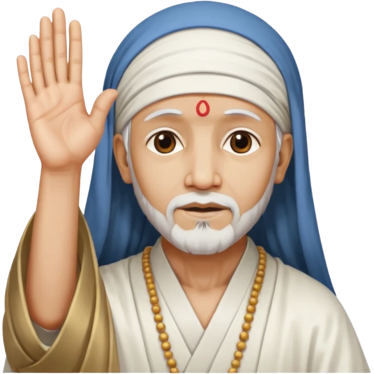 Saint Shirdi Sai Baba, hands raised in blessing, white robe, headscarf, peaceful face emoji
