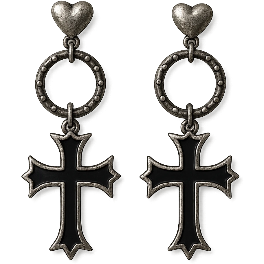 goth earrings, cross design, silver and black, punk gothic aesthetic emoji
