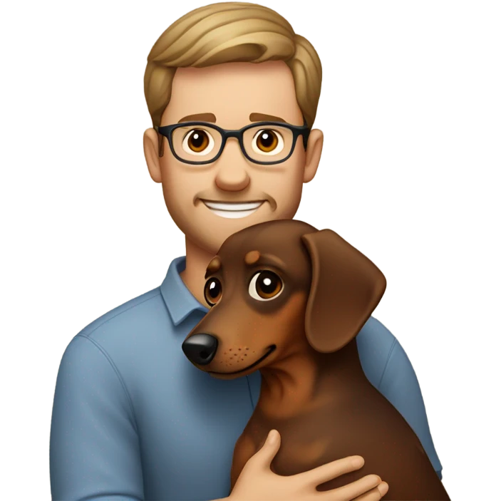 curled short hair Man wearing eyeglass hugging a brown haired daschund emoji