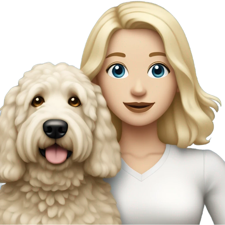 White lady with shoulder length blonde straight hair and blue eyes and her white golden doodle dog emoji
