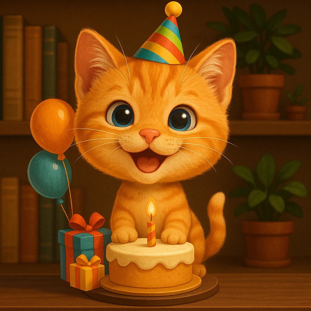 ginger tabby kitten celebrating a birthday, wearing a birthday hat, with birthday cake, balloons, happy expression, and gifts emoji