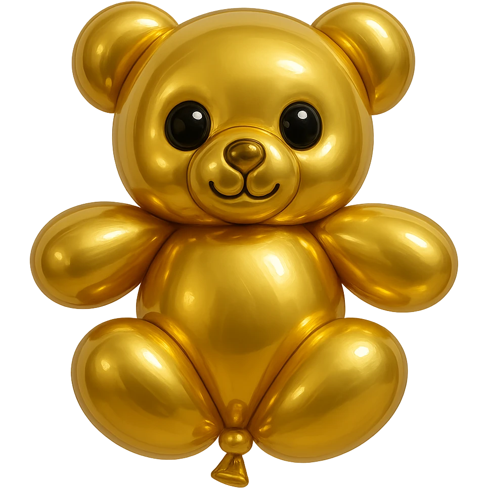 Make the gold balloon teddy bear cuter with a rounder face, bigger eyes, and a small smile. Keep it metallic and shiny with no background. emoji