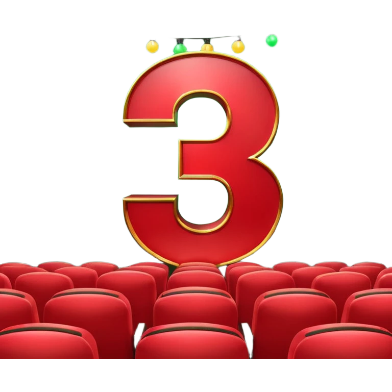 A 3D number 3 in a movie theater setting, shiny red surface; bright string lights on the number, the border is green with tiny string lights like stroke ; cinematic glow with subtle haze; glossy, premium Hollywood countdown look; centered composition. emoji