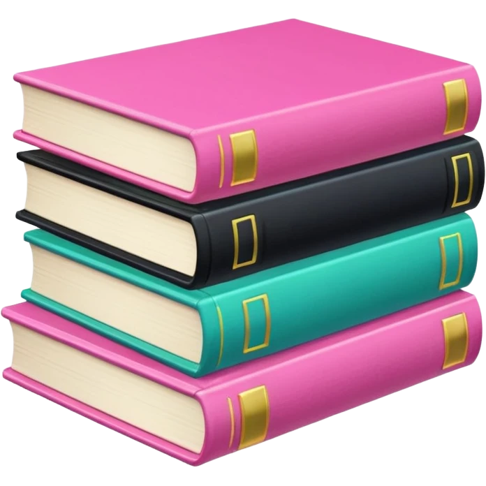 a satck of books: two pink, one green, one yellow, two blues, one black emoji