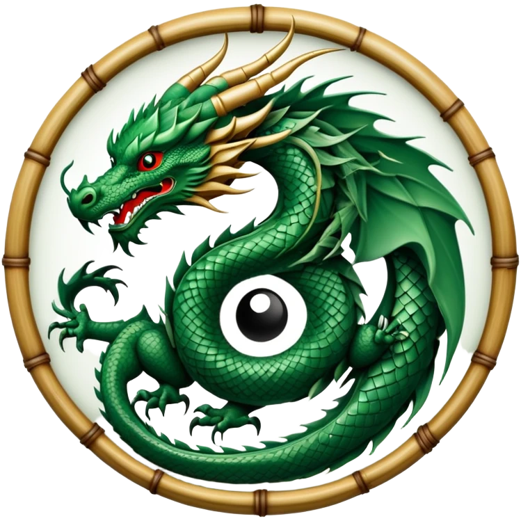 An icon symbolizing Eastern martial arts in the style of an emblem, with a black-and-white Yin-Yang symbol at the center. A dragon is placed on either side, representing strength and wisdom. The design includes bamboo and traditional elements. Transparent background emoji