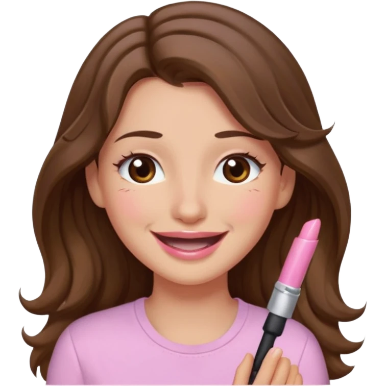 girl with wavy long brown hair, brown eyes, light to medium complexion, long lashes, light pink lipstick, wearing light pink shirt, smiling, crying, laughing, tears emoji