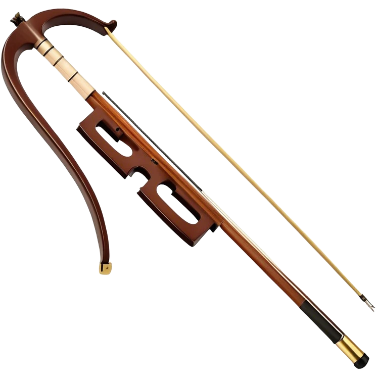  "Create a detailed and elegant emoji representing the Hans Klein HKCB cello bow. The design should feature the bow’s sleek, polished wooden stick with delicate, smooth curves, and fine detailing on the frog and winding. The bow hair should be visible, taut and neatly arranged. Add subtle metallic accents around the frog to emphasize the quality craftsmanship. Use rich brown and gold tones for the bow, with slight highlights on the silver and ebony components. The background should be transparent. emoji