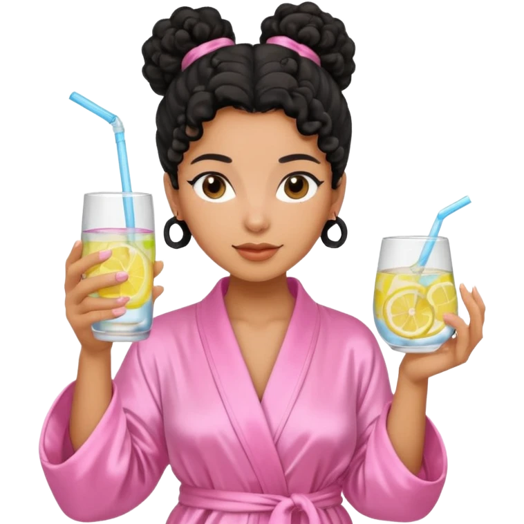 Mixed-race woman with caramel skin, black curly hair tied in a bun, wearing a pastel pink silk robe, holding a glass of infused water with lemon emoji
