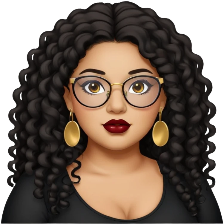 teen big plus size, latina, darker tan skin, gold earrings, long black curly hair, baddie,pretty, makeup, dark red lipgloss, black eyeliner, long hair, black top, black glasses emoji
