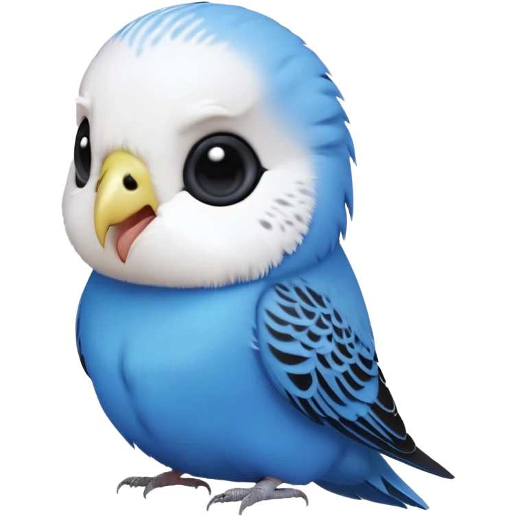 cinematic-cute-blue-budgie-portrait-emoji,-head-tilted-playfully-and-inquisitively,-featuring-a-brilliant-blue-feathered-fur-and white and black feathered face-with-a-natural-sheen,-round,-sparkling-dark-eyes-filled-with-curiosity,-simplified-yet-irresistibly-adorable emoji