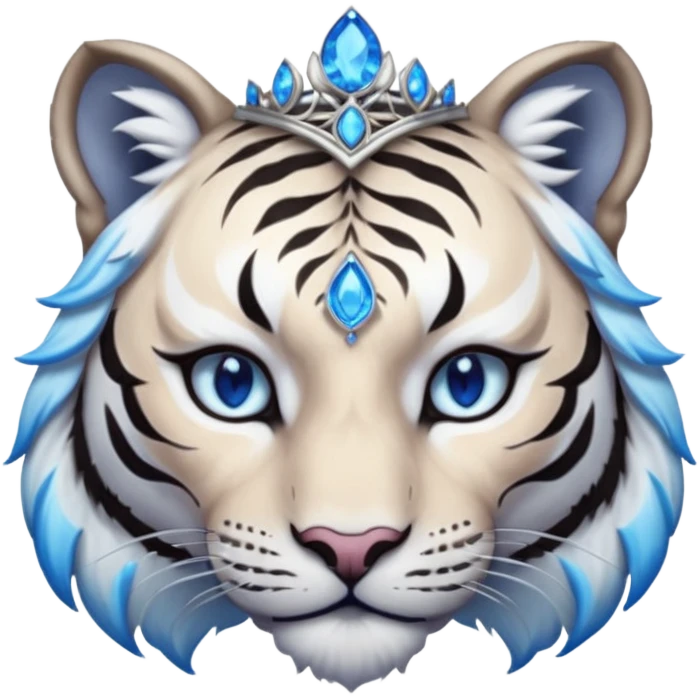 ESO Female white/black tiger khajiit leader of the umbral rose, glowing blue eyes, glowing blue 'third eye' gem; shadow umbral gem silver tiara emoji