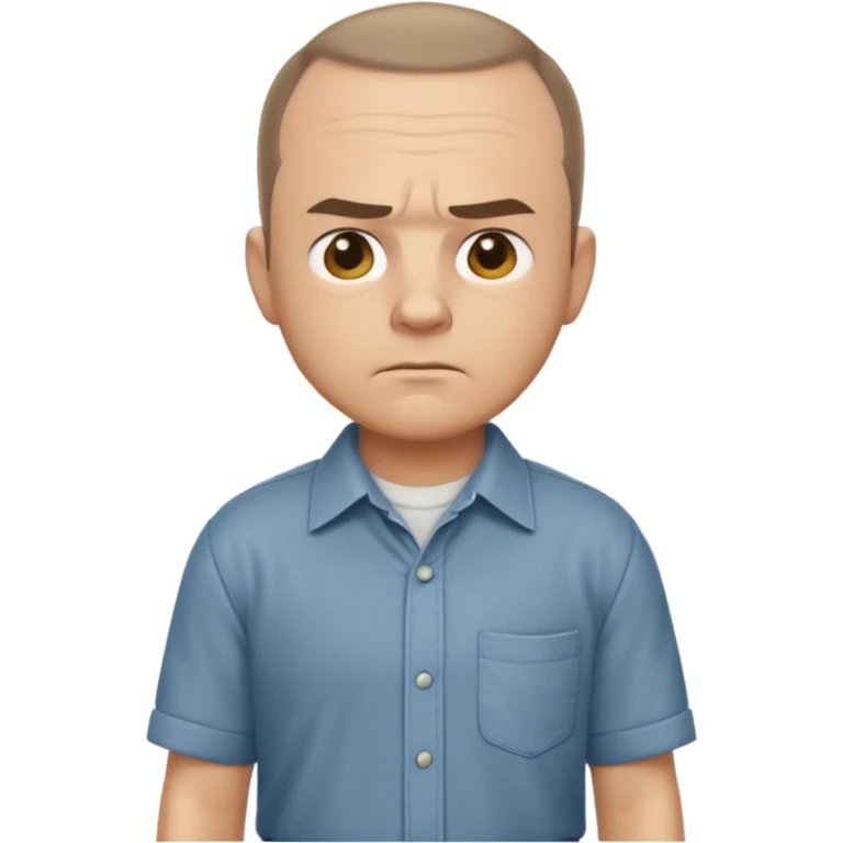 Sling Blade's Carl, serious, chin out, slouched, no glasses, collared shirt, side profile, full body, standing, three-quarter face, head extended forward, emoji style emoji