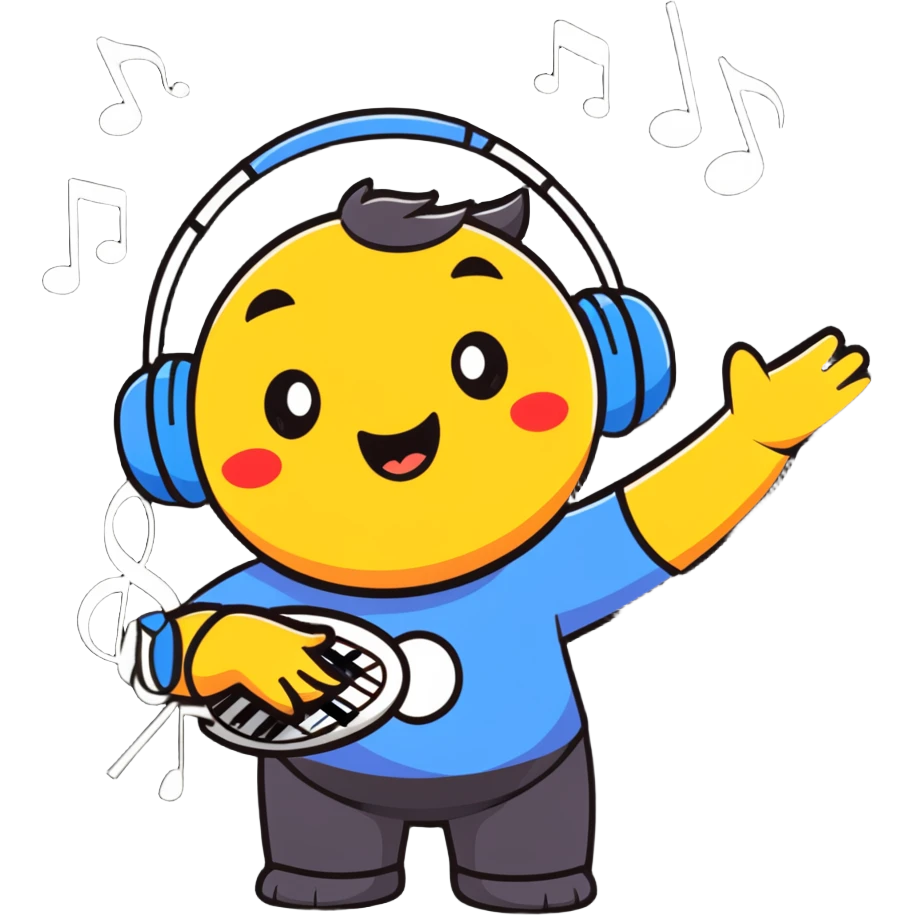 Ruko Yokune in singing pose with musical notes, colorful cartoonish sticker style emoji