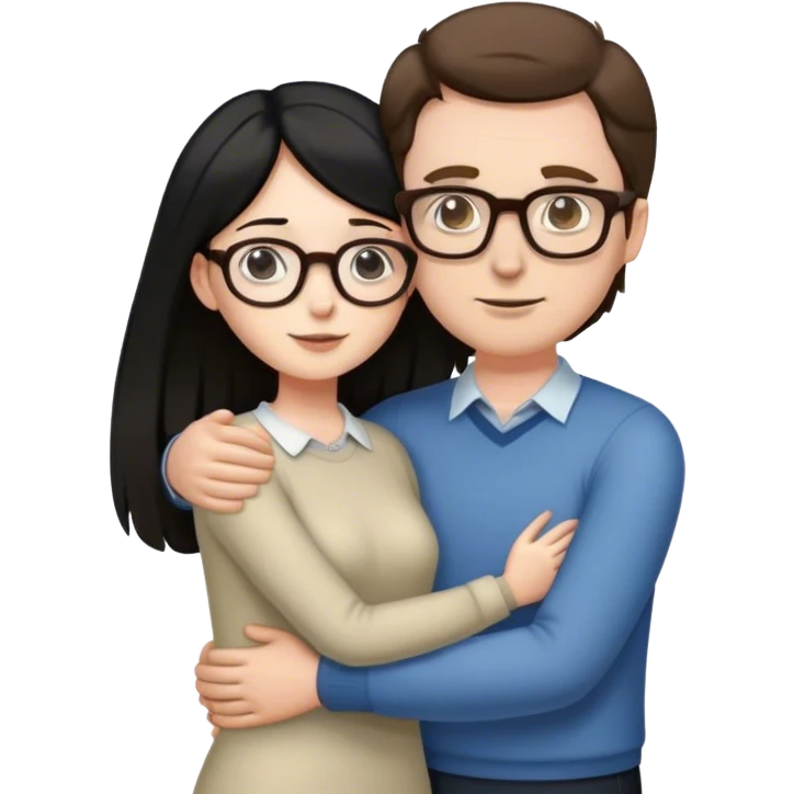 Tall white man with brown hair and glasses hugging an short pale woman with long black hair, standing emoji