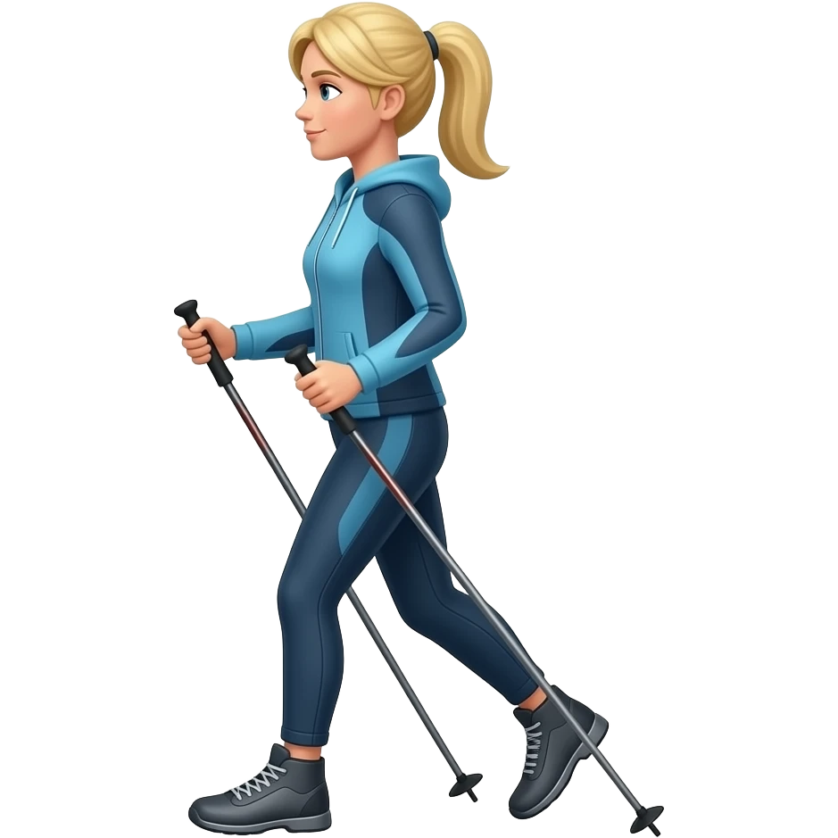 blonde woman nordic walking, pole in each hand, side view emoji