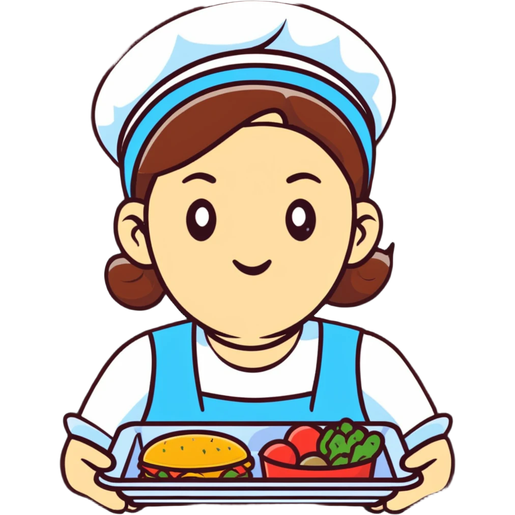 cartoon sticker of a lunch lady with a disgusted expression, holding a tray of gross food emoji