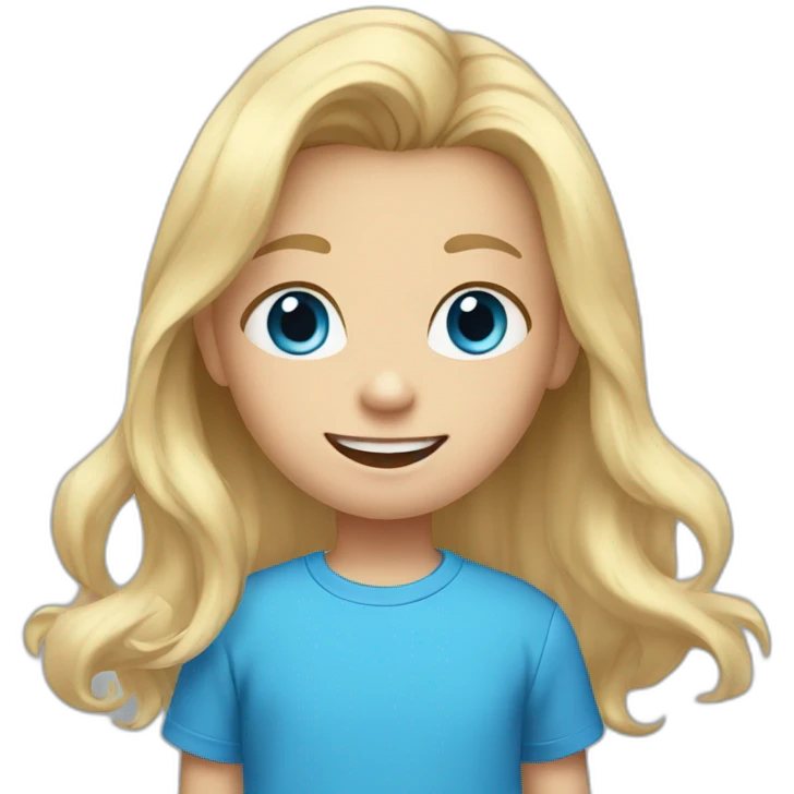 A child with blonde hair, blue eyes and a blue t-shirt and with cute little teeth emoji