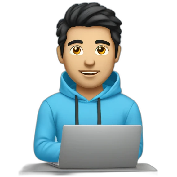 man without beard with sky blue hoodie with black hair working on laptop front view emoji
