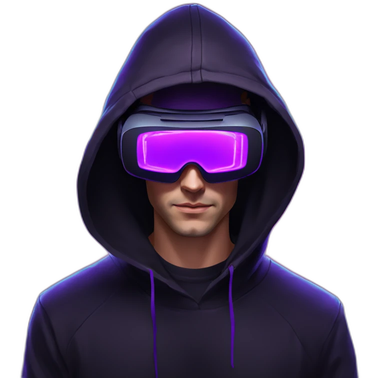 Russian man in the black hoody with violet OMG VR logo on it wearing vr headset. Cyberpunk style. Violet neon. emoji