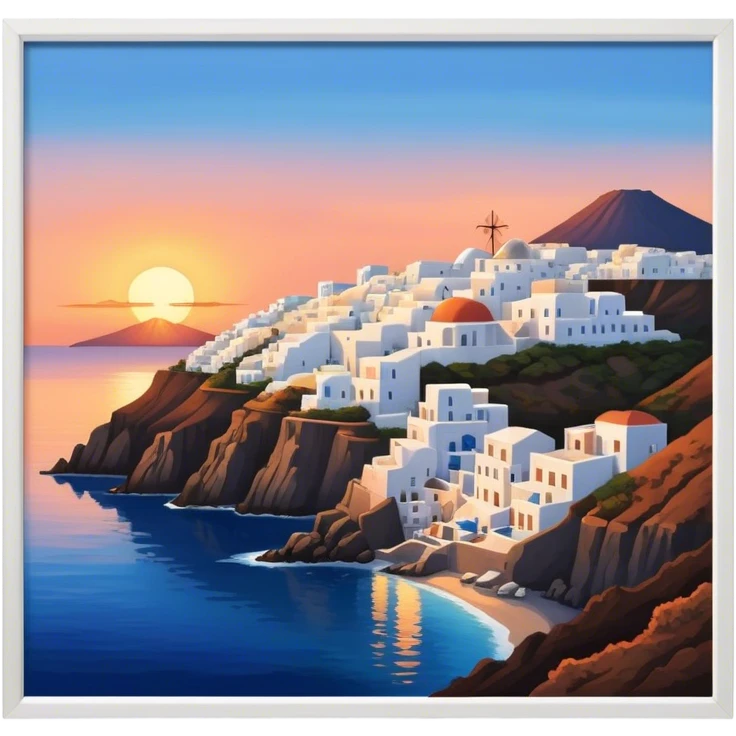 Cinematic Realistic Santorini Caldera Landmark Emoji, featuring white-washed buildings perched on volcanic cliffs, overlooking the deep blue Aegean Sea, with warm sunset hues illuminating the sky and reflecting off the water. emoji