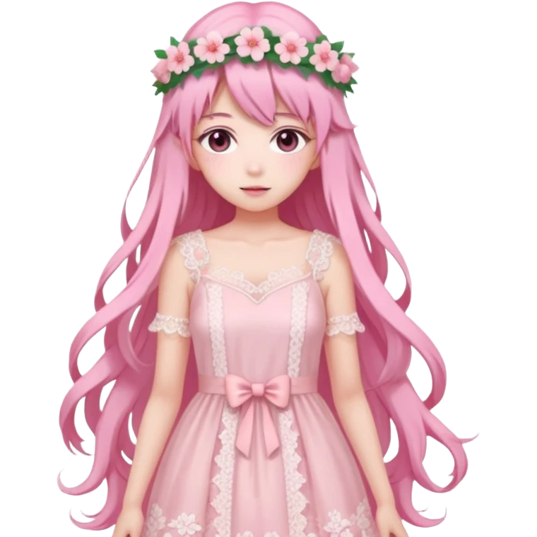 pastel anime woman with pink and white lace dress full body and long hair with flower crown emoji