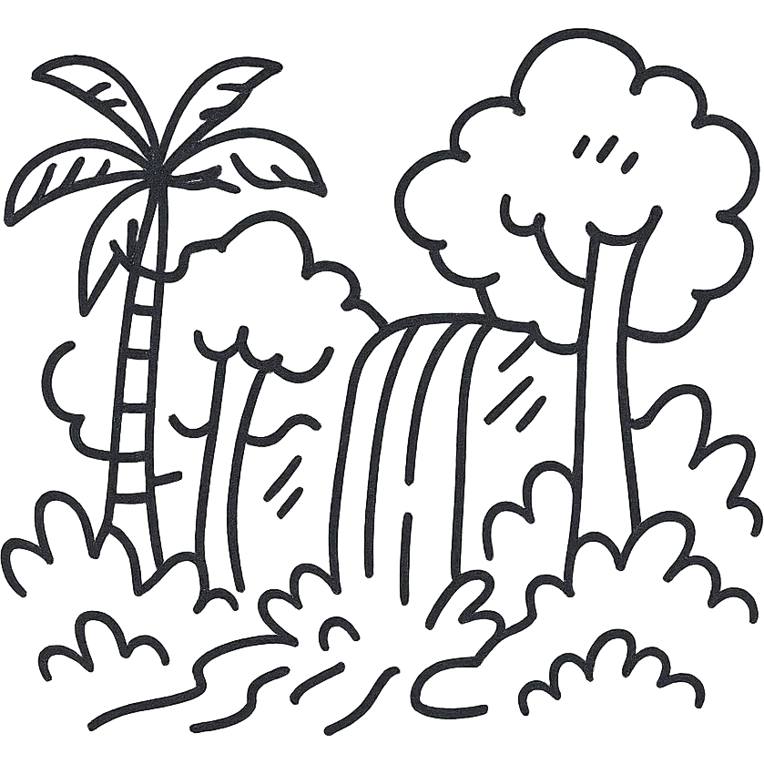 El Yunque rain forest showing trees and a waterfall as a hand-drawn black outline icon emoji