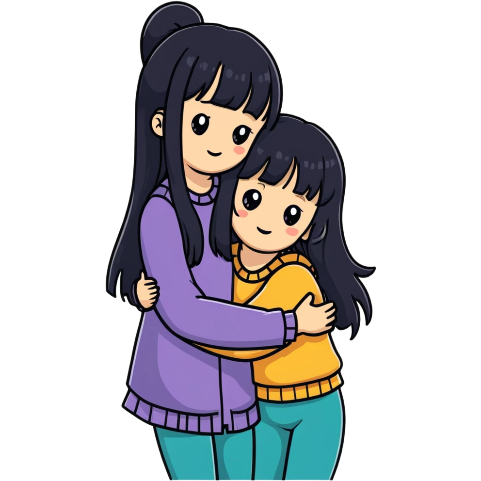two white girls with long black hair hugging, one girl has bangs emoji
