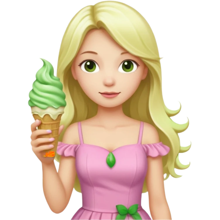 girl blonde long hair in pink dress,  holding matcha ice cream emoji