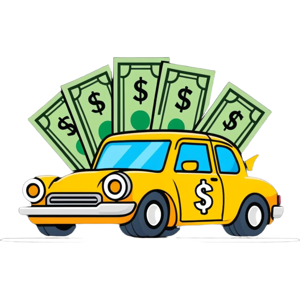 cartoon style car with dollar signs and happy customers, representing vehicle financing emoji