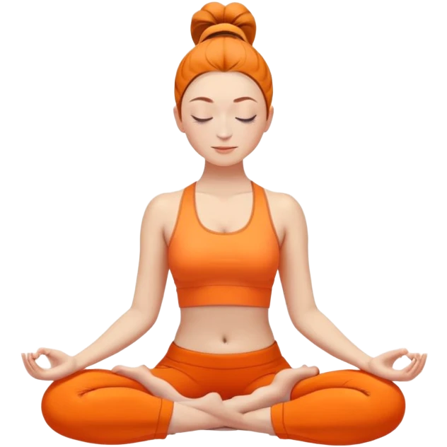 caucasian woman with ponytail in lotus position meditating, eyes closed, peaceful expression, bright orange yoga clothes emoji