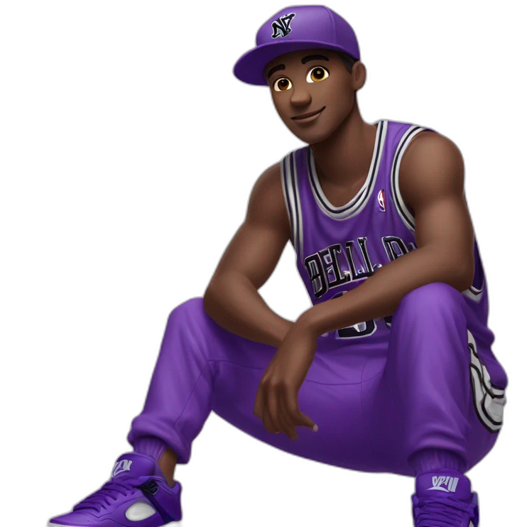 Young, dark-skinned guy in violet attire, wearing a violet NY cap and rocking violet Jordan 4s. 🟣🧢👟 emoji