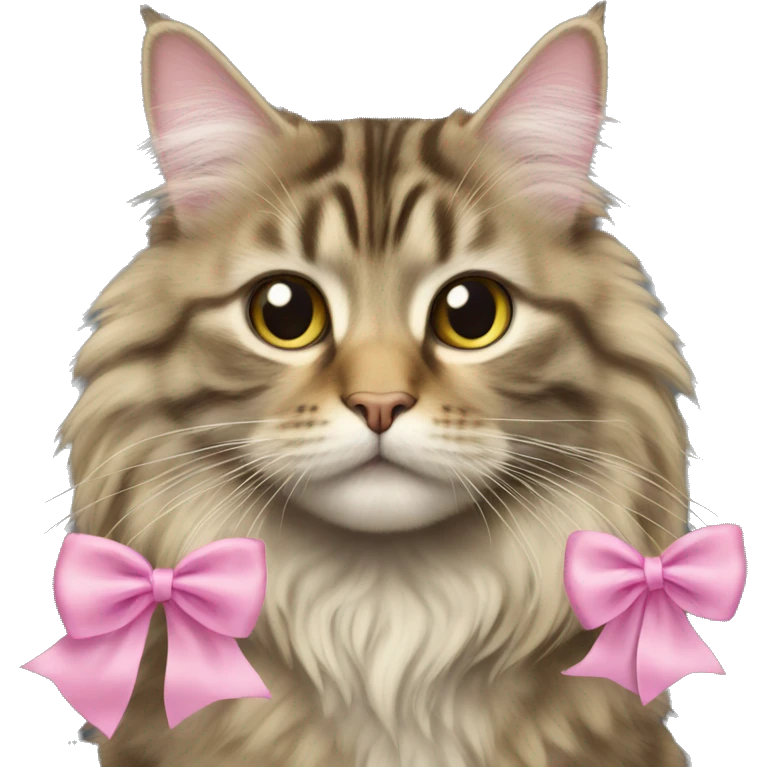 Long haired tabby cat with pink bow on emoji