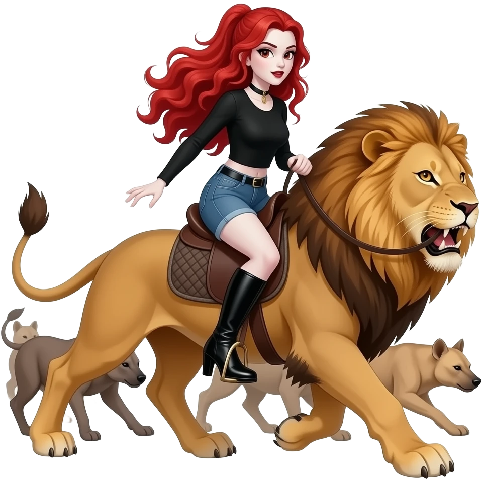 Vampiro femmina ADOLESCENTE con pelle bianca e capelli rosso ondulati lunghi raccolti in una mezza coda che indossa dei jeans corti un top nero con maniche lunghe e degli stivali lunghi con tacco che cavalca un leone SCAPPANDO da un branco di iene emoji