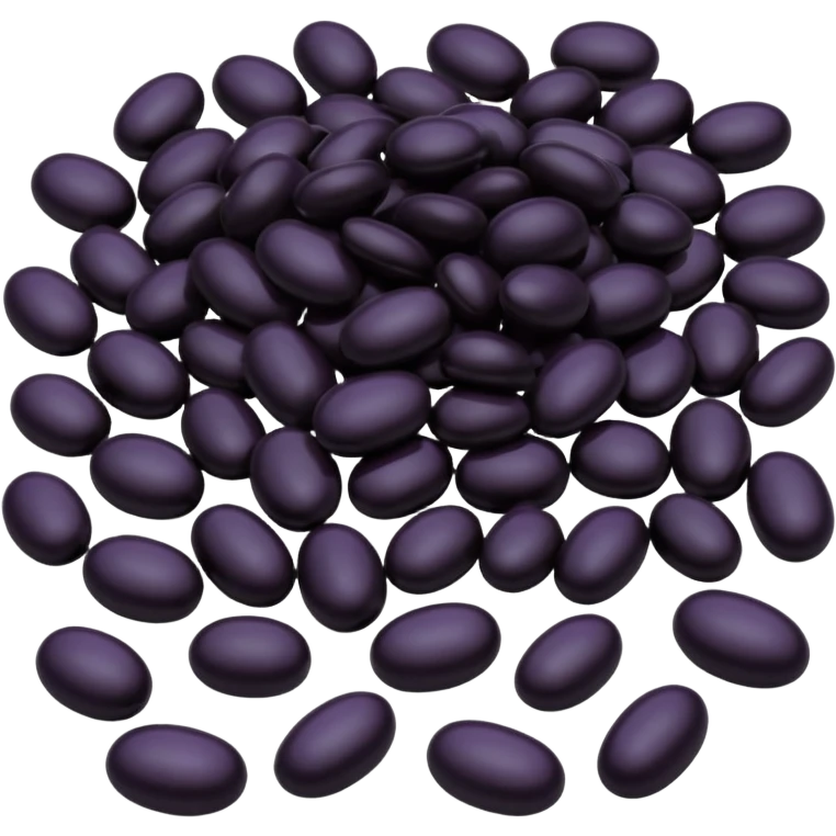 realistic black beans, scatter or mound, shiny oval, smooth, deep black to dark purple, slightly curved, natural sheen, subtle texture, no plate, dish, packaging, or faces, clean 3D, soft lighting, transparent background, emoji scale emoji