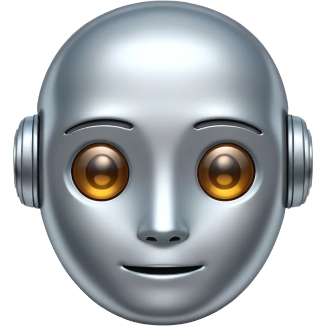 A cute futuristic robot emoji made of silver chrome, rounded friendly body, minimal facial features, glossy metallic surface, soft reflections, iOS emoji style, centered, clean white background emoji