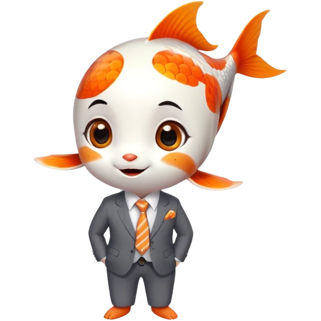 A super cute and fun koi fish character with big anime eyes, rosy cheeks, playful smile, sleek rounded body with orange and white patterns, wearing a neat business suit, white shirt, and tiny tie emoji