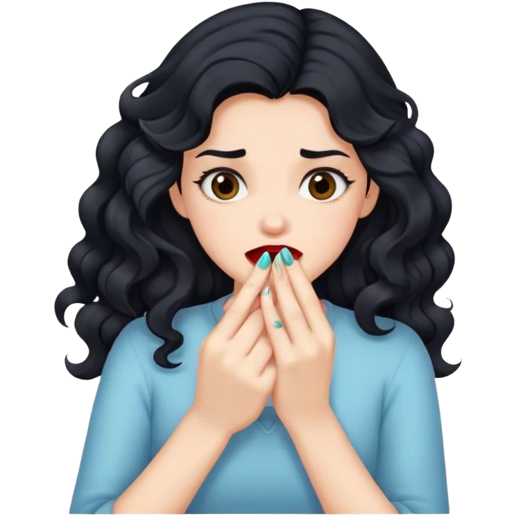 Girl with black wavy hair bitting nails emoji