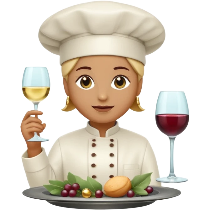 6 luxury catering emojis, 'Epicurea' style: minimalist 3D glassmorphism. Sage, wine, slate colors. Icons: gold chef hat, wine glass, gourmet dish, sparkles, silver tray, 'E' monogram. Clean, professional, transparent BG. emoji