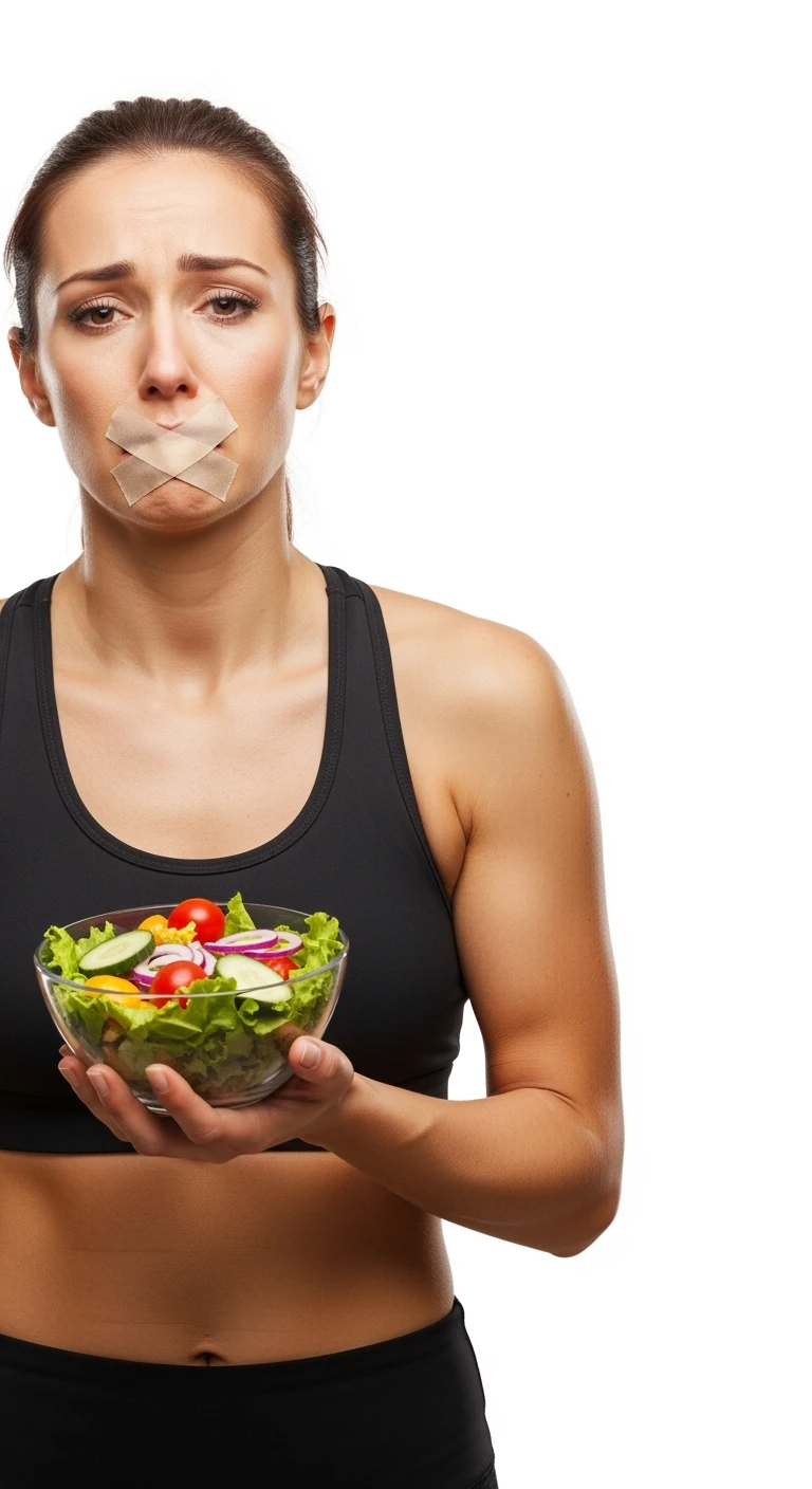 donna fitness con insalata in mano ed espressione molto triste e stanca, scotch a croce sulla bocca, sfondo bianco emoji