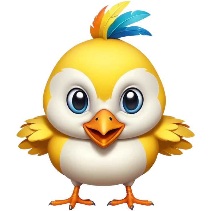 Create a quirky, hilarious, and expressive cartoon bird mascot. The bird should have a playful and mischievous personality, with oversized, goofy eyes and a wide, cheeky grin. Its feathers should be bright and colorful (think tropical or neon shades) to make it visually pop. The design should be sleek and modern, with rounded, soft edges and a slightly exaggerated, chubby body for a cute yet funny look. Give it dynamic, energetic poses—flapping excitedly, side-eyeing like a meme, or looking smugly intelligent. The bird should feel like a digital assistant—friendly, witty, and a little sassy, ready to interact with users in a fun way emoji