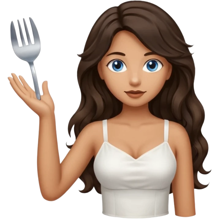 Girl with olive skin, blue eyes, brown dark insanely wavy long hair, white camisole, left hand palm up server style no spoon emoji