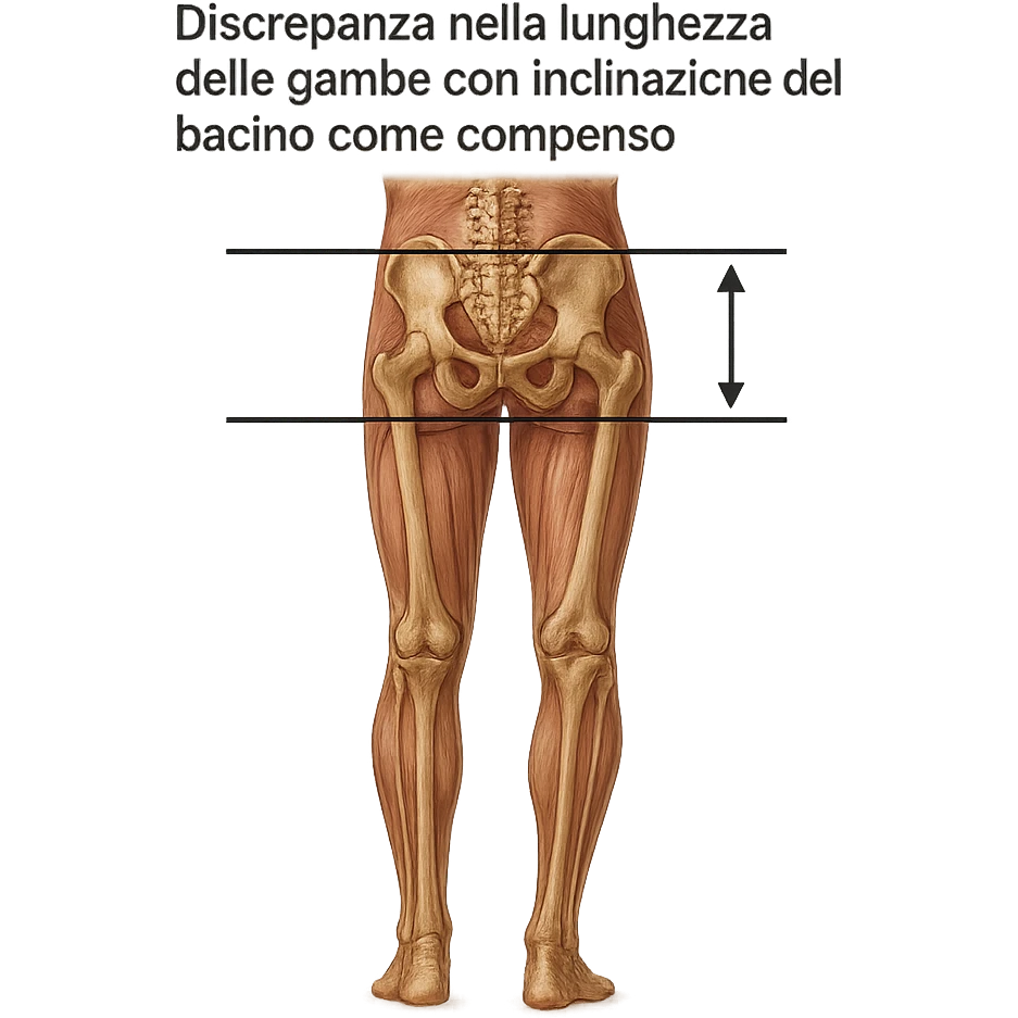 Medical style hyperrealistic posterior view highlighting the difference in leg length: one leg visibly shorter than the other, pelvis tilted for compensation. Add arrows, reference lines, and an anatomical caption in Italian to make the concept immediately understandable. Remove background. Variation 5. emoji