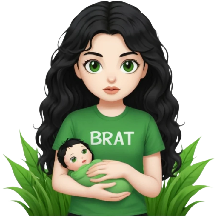 current charli xcx with here long black wavy hair, thich black sungrasses, pale skin, and a green baby tee that said brat in the brat font. emoji