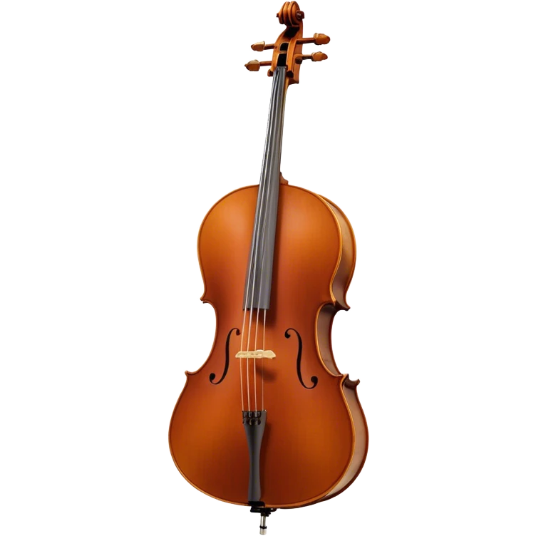 Create an elegant and refined emoji representing the Cremona 4/3F 4/4 cello with a Hans Klein HKCB bow. The design should feature the curved wooden body of the cello with a rich, glossy finish, capturing its classical shape and intricate details. The bow should be displayed with fine craftsmanship, highlighting the hair and the smooth, polished wooden stick. Include subtle musical notes floating around the instrument to emphasize its rich, melodic sound. Use deep wood tones like chestnut brown, gold accents for the fittings, and soft lighting effects to give the instrument a timeless, professional feel. The background should be transparent. emoji