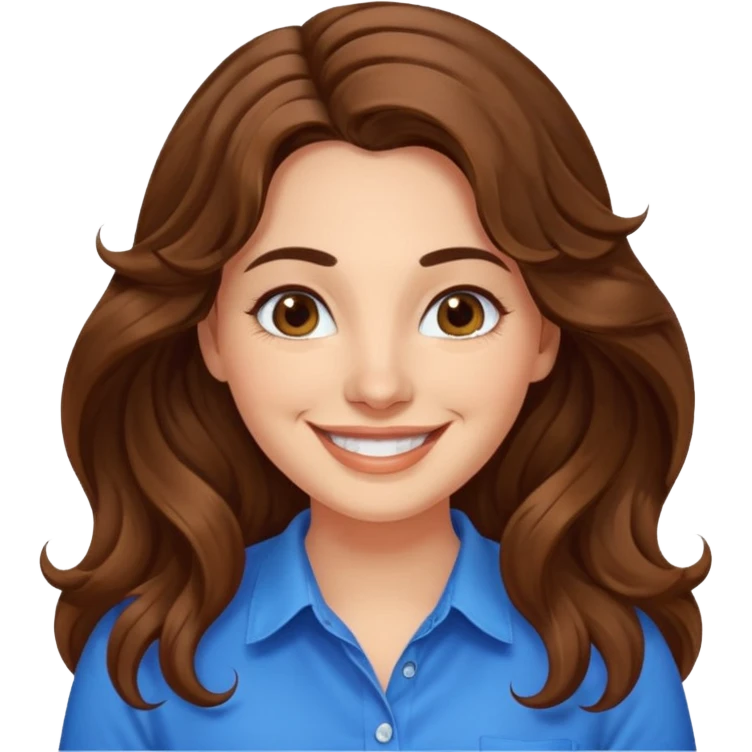 30 yr old italian woman, long brown wavy hair, big brown eyes, huge smile, bright blue shirt, no bangs, a bit chubby emoji