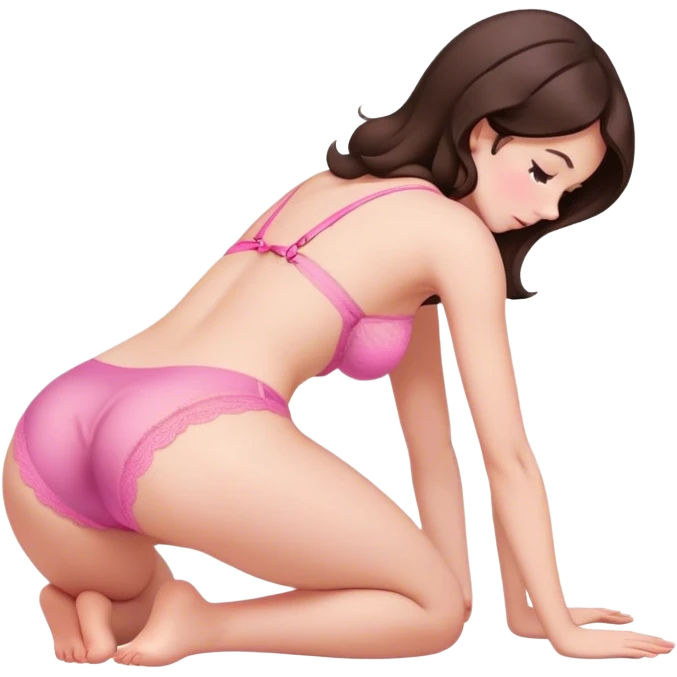 brunette intimate sfw cute pink lingerie pose bending arched curved IN back on hands and knees face down from behind emoji