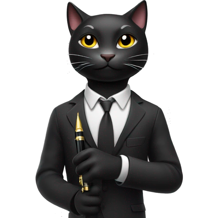 A black, excited male cat with a sleek, cool vibe, holding a large fountain pen with a big smile and bright eyes emoji