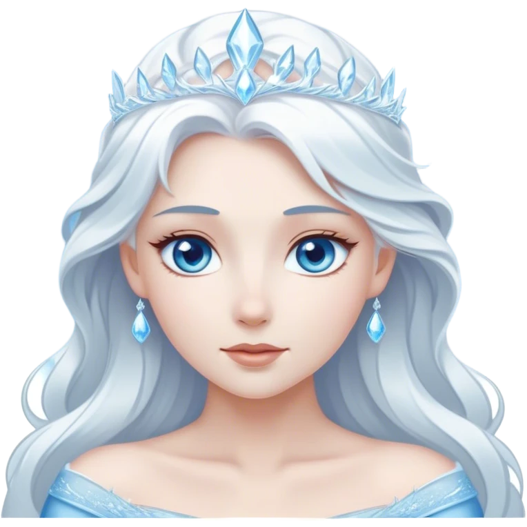 Cinematic Serene Snow Queen Portrait Emoji, rendered in a simplified vector style. Depict a gentle Elsa (chest and above) with delicate icy skin, softly cascading platinum hair, and calm, reflective blue eyes, dressed in her classic ice-blue gown. The image exudes a soft, luminous frosty radiance with high shine and a subtle glowing outline. emoji