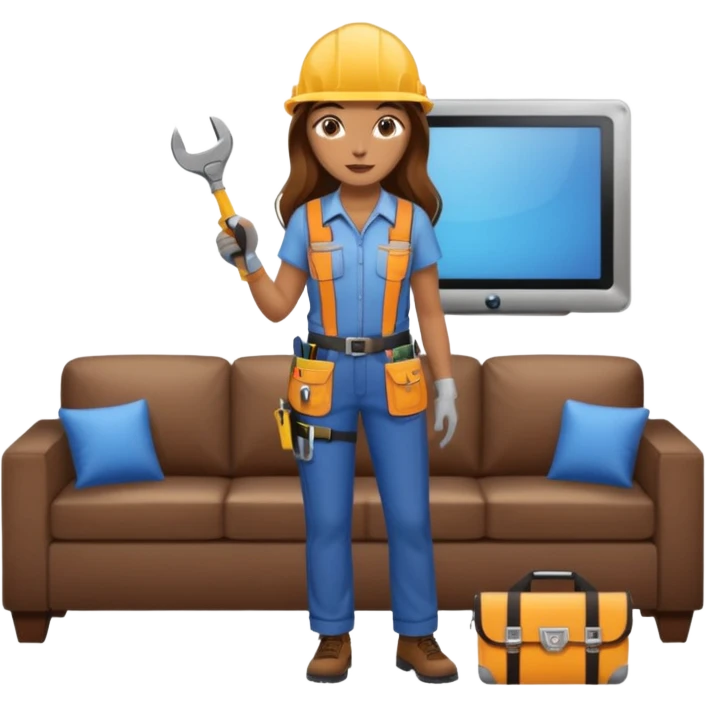 beautiful girl with long brown hair constructing new lounge room area with flat screen tv and couch emoji