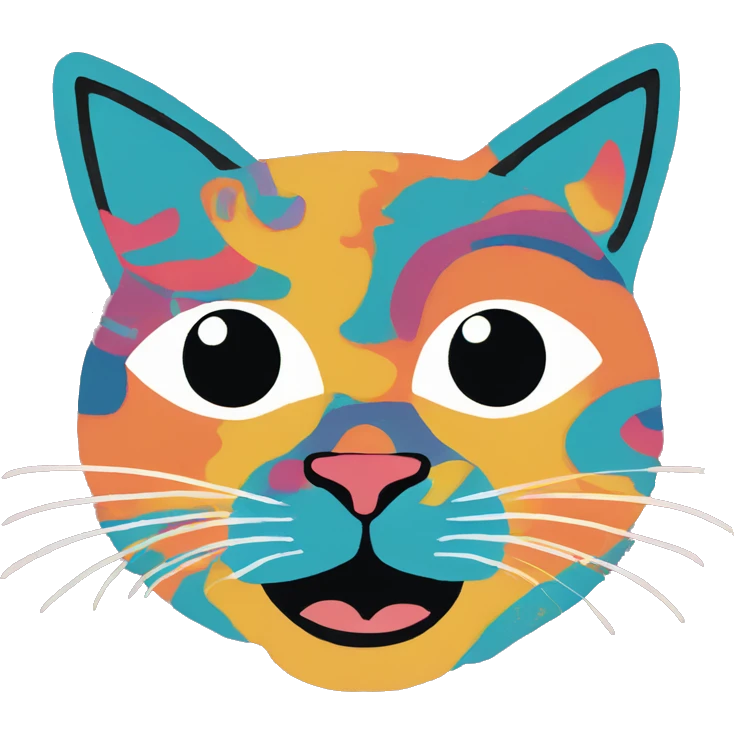 Abstract quirky funky cat made of different shapes and squiggles linocut multicoloured illustrations  emoji